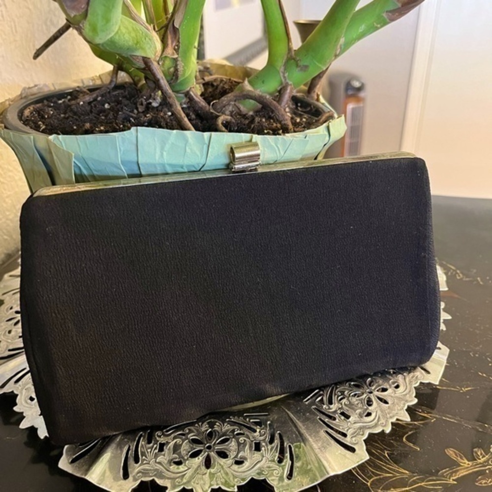 Vintage 70s Dainty Black Silk Clutch with Gold Hardware Classic 10